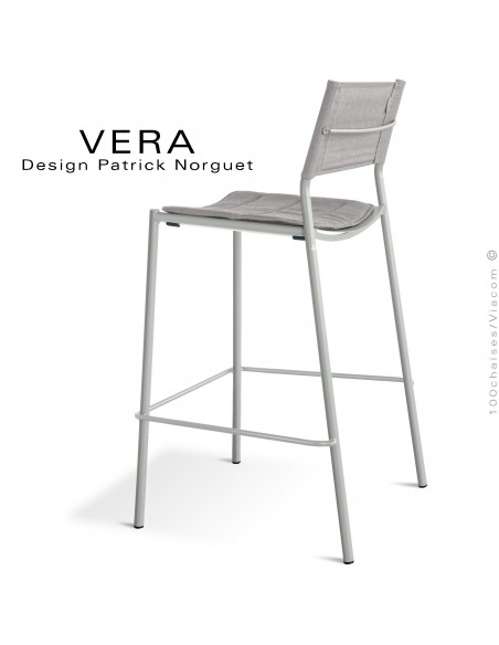 Tabouret de bar d'extérieur VERA, structure acier galvanisé peint blanc perle, dossier tissu Batyline Tourterelle avec coussin.