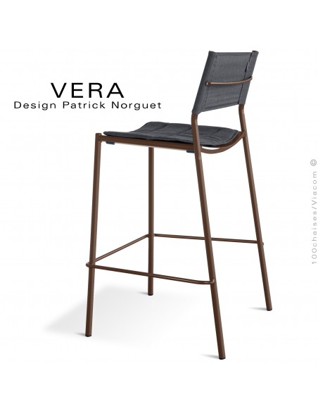 Tabouret de bar d'extérieur VERA, structure acier galvanisé peint Corten, dossier tissu Batyline argent avec coussin.