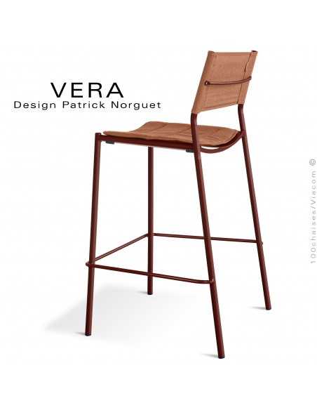 Tabouret de bar d'extérieur VERA, structure acier galvanisé peint Terracotta, dossier tissu Batyline orange avec coussin.
