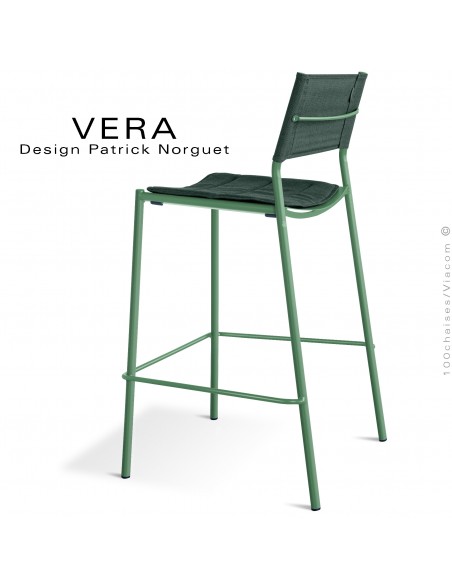 Tabouret de bar d'extérieur VERA, structure acier galvanisé peint vert pistache, dossier tissu Batyline vert foncé avec coussin.