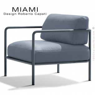 Salon de jardin modulable lounge MIAMI, structure galvanisée peinte anthracite, assise tissu hydrofuge couleur gris bleu.