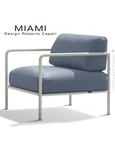 Salon de jardin modulable lounge MIAMI, structure galvanisée peinte blanc perle, assise tissu hydrofuge couleur bleu gris.