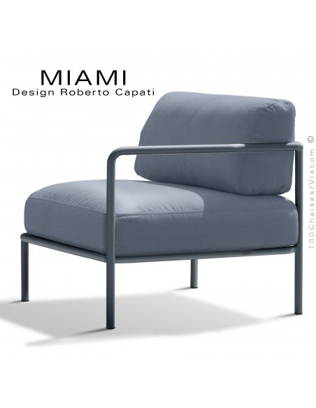 Salon de jardin modulable droit MIAMI, structure galvanisée peinte anthracite, assise tissu hydrofuge couleur bleu gris.