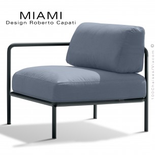 Fauteuil simple ou bout de banquette modulable gauche MIAMI, structure peinte anthracite, assise tissu hydrofuge bleu gris.