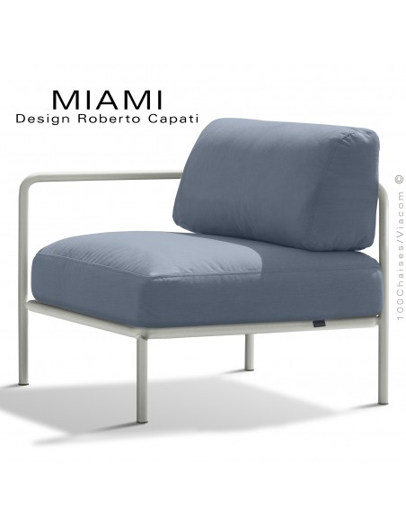Fauteuil simple ou bout de banquette modulable gauche MIAMI, structure peinte blanc perle, assise tissu hydrofuge gris bleu.
