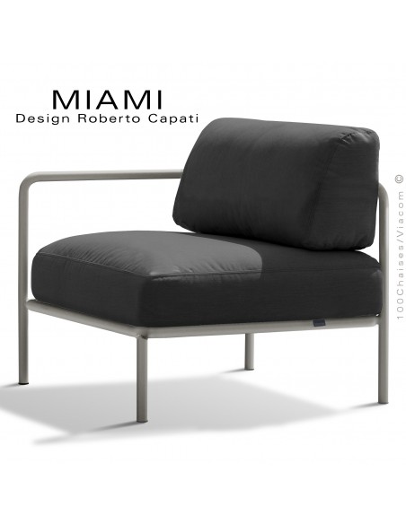 Fauteuil simple ou bout de banquette modulable gauche MIAMI, structure peinte Tourterelle, assise tissu hydrofuge anthracite.