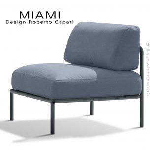 Module centrale pour banquette modulable MIAMI, structure peinte anthracite, assise tissu hydrofuge gris bleu.