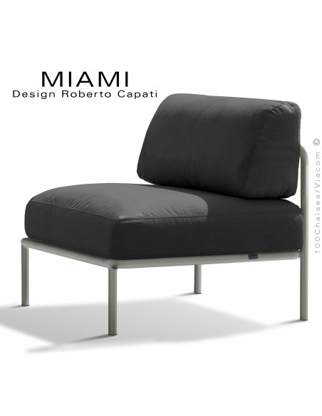 Module centrale pour banquette modulable MIAMI, structure peinte Tourterelle, assise tissu hydrofuge anthracite.