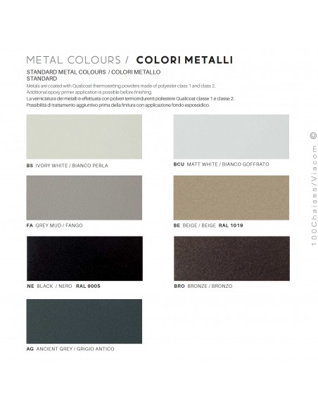 Palette peinture standard pour structure assise gamme extérieur Miami, fauteuil, pouf, canapé, modulable.