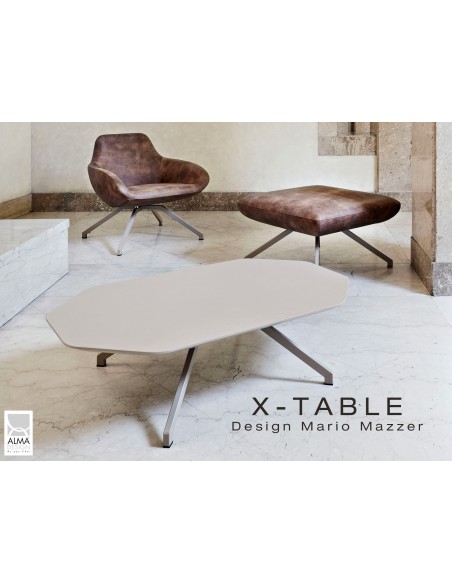 Table basse "X-TABLE" pour salon, hall et salle d'attente, existe aussi avec le piètement en acier.