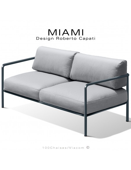 Banquette 2 places pour extérieur MIAMI, structure acier peinte anthracite, assise avec coussin, hydrofuge couleur argent.