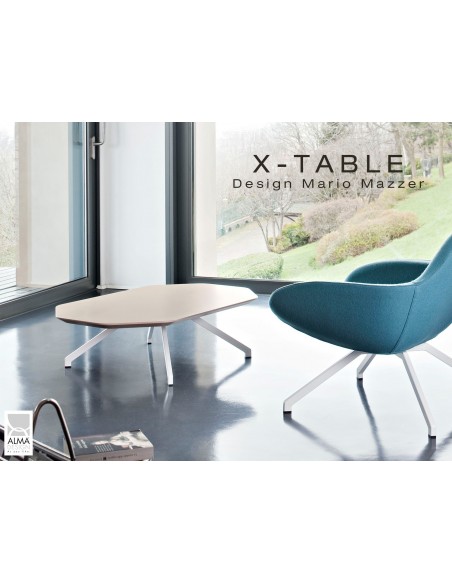 Table basse "X-TABLE" pour salon, hall et salle d'attente, existe aussi avec le piètement en acier.