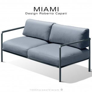 Banquette 2 places pour extérieur MIAMI, structure acier peinte anthracite, assise avec coussin, hydrofuge couleur bleu gris.