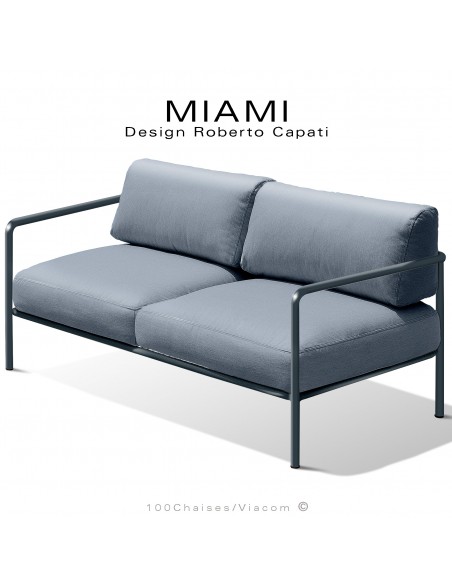 Banquette 2 places pour extérieur MIAMI, structure acier peinte anthracite, assise avec coussin, hydrofuge couleur bleu gris.