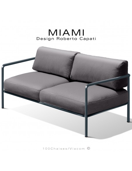 Banquette 2 places pour extérieur MIAMI, structure acier peinte anthracite, assise avec coussin, hydrofuge couleur taupe.