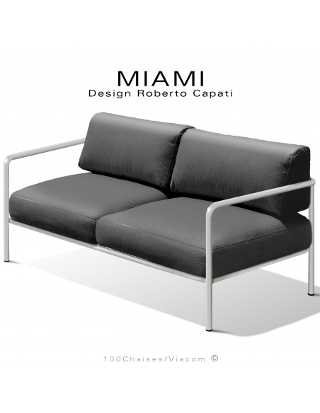 Banquette 2 places pour extérieur MIAMI, structure acier peinte blanc perle, assise avec coussin, hydrofuge couleur anthracite.