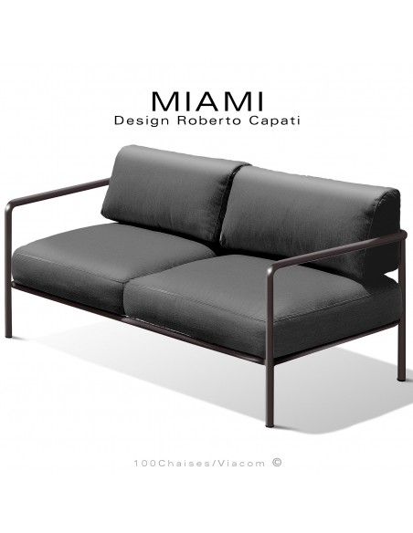 Banquette 2 places pour extérieur MIAMI, structure acier peinte bronze, assise avec coussin, hydrofuge couleur anthracite.