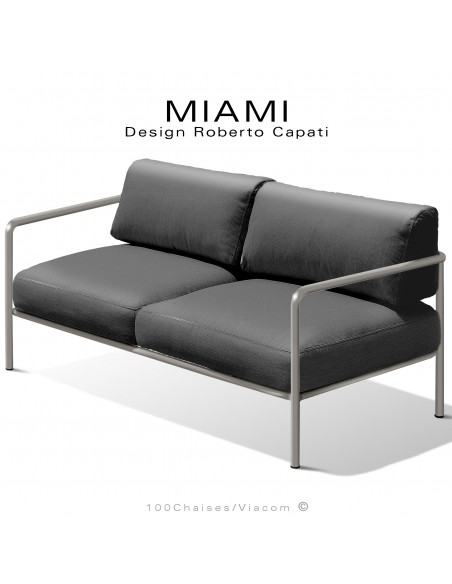 Banquette 2 places pour extérieur MIAMI, structure acier peinte Tourterelle, assise avec coussin, hydrofuge couleur anthracite.