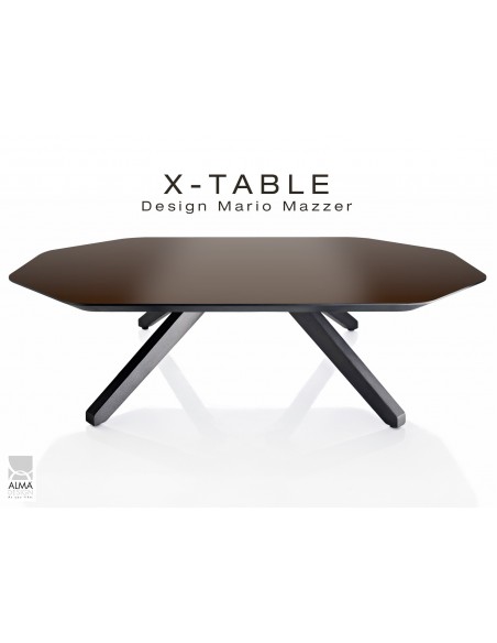 Table basse "X-TABLE" COULEUR pour salon, hall et salle d'attente, plaquage plateau marron.