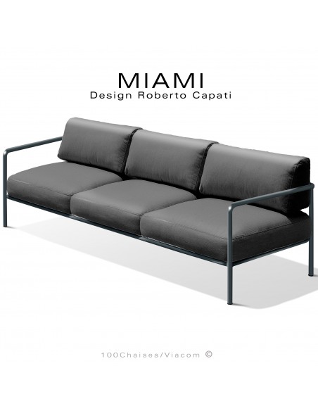 Banquette 3 places pour extérieur MIAMI, structure acier peinte anthracite, assise avec coussin, tissu couleur anthracite.