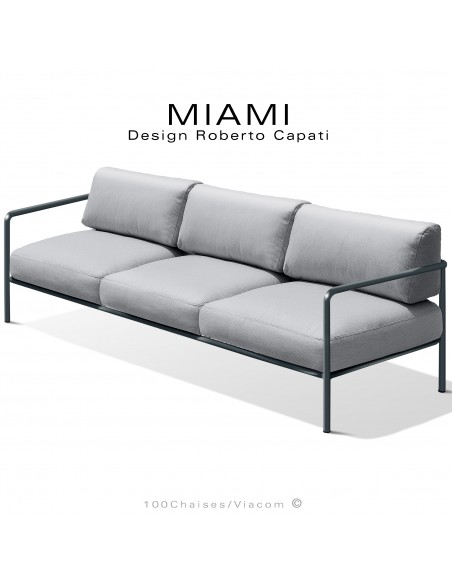 Banquette 3 places pour extérieur MIAMI, structure acier peinte anthracite, assise avec coussin, tissu couleur argent.