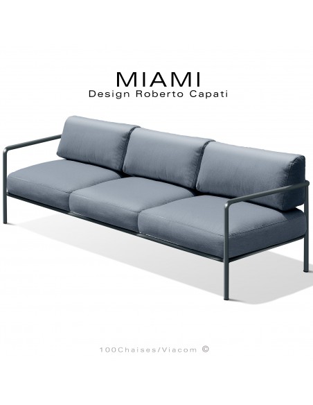 Banquette 3 places pour extérieur MIAMI, structure acier peinte anthracite, assise avec coussin, tissu couleur bleu.