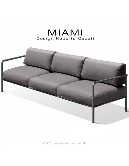 Banquette 3 places pour extérieur MIAMI, structure acier peinte anthracite, assise avec coussin, tissu couleur taupe.