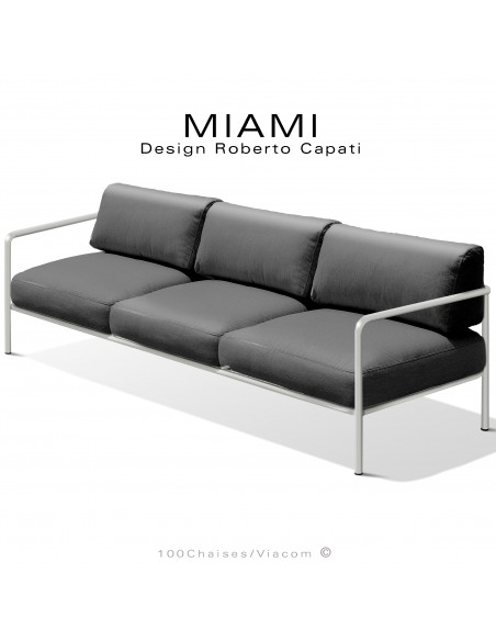 Banquette 3 places pour extérieur MIAMI, structure acier peinte blanc perle, assise avec coussin, tissu couleur anthracite.
