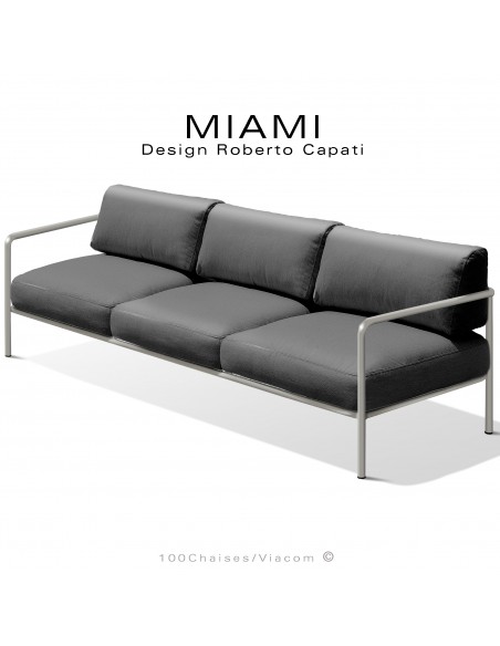 Banquette 3 places pour extérieur MIAMI, structure acier peinte Tourterelle, assise avec coussin, tissu couleur anthracite.