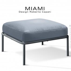 Pouf ou module banquette pour extérieur MIAMI, structure acier peint anthracite, assise coussin tissu couleur bleu.