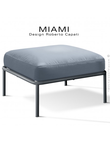 Pouf ou module banquette pour extérieur MIAMI, structure acier peint anthracite, assise coussin tissu couleur bleu.