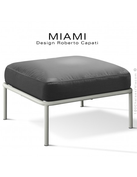 Pouf ou module banquette pour extérieur MIAMI, structure acier peint blanc perle, assise coussin tissu couleur anthracite.