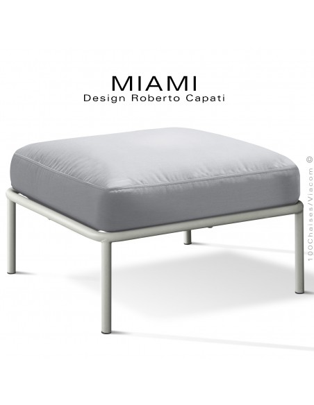 Pouf ou module banquette pour extérieur MIAMI, structure acier peint blanc perle, assise coussin tissu couleur argent.