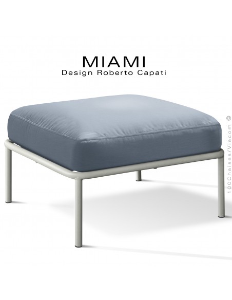 Pouf ou module banquette pour extérieur MIAMI, structure acier peint blanc perle, assise coussin tissu couleur bleu.