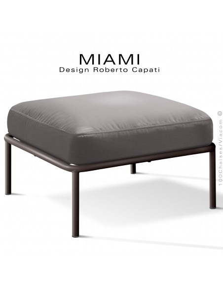 Pouf ou module banquette pour extérieur MIAMI, structure acier peint bronze, assise coussin tissu couleur taupe.