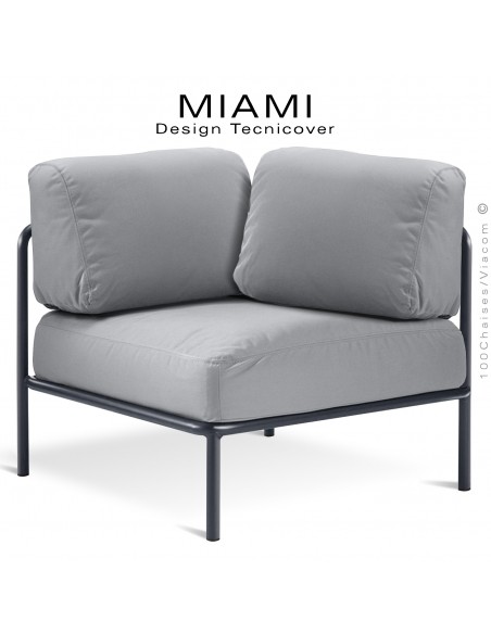 Module d'angle canapé ou salon de jardin modulable lounge MIAMI, structure peinte anthracite, assise tissu argent.