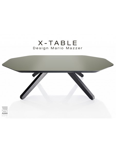 Table basse "X-TABLE" COULEUR pour salon, hall et salle d'attente, plaquage plateau vert militaire.