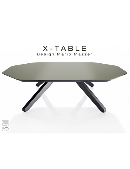 Table basse "X-TABLE" COULEUR pour salon, hall et salle d'attente, plaquage plateau vert militaire.