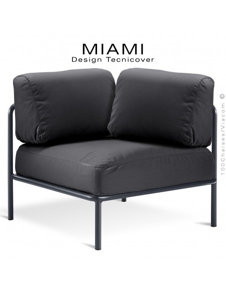 Module d'angle canapé ou salon de jardin modulable lounge MIAMI, structure peinte anthracite, assise tissu anthracite.