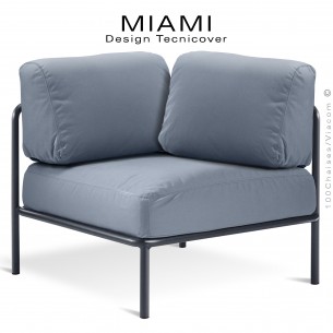 Module d'angle canapé ou salon de jardin modulable lounge MIAMI, structure peinte anthracite, assise tissu bleu.