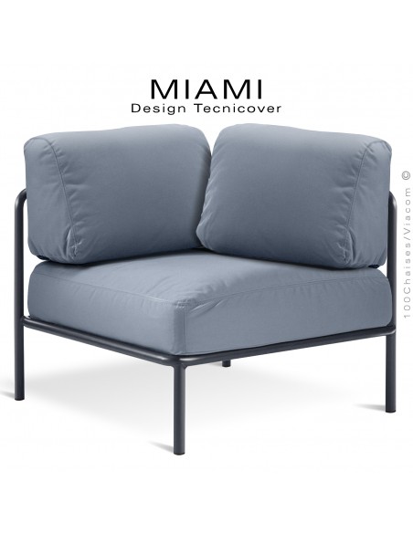 Module d'angle canapé ou salon de jardin modulable lounge MIAMI, structure peinte anthracite, assise tissu bleu.
