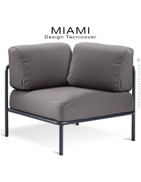 Module d'angle canapé ou salon de jardin modulable lounge MIAMI, structure peinte anthracite, assise tissu taupe.