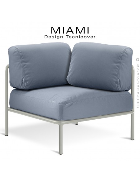 Module d'angle canapé ou salon de jardin modulable lounge MIAMI, structure peinte blanc perle, assise tissu bleu.