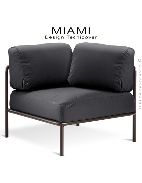 Module d'angle canapé ou salon de jardin modulable lounge MIAMI, structure peinte bronze, assise tissu anthracite.