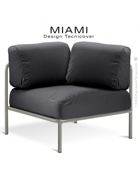 Module d'angle canapé ou salon de jardin modulable lounge MIAMI, structure peinte Tourterelle, assise tissu anthracite.