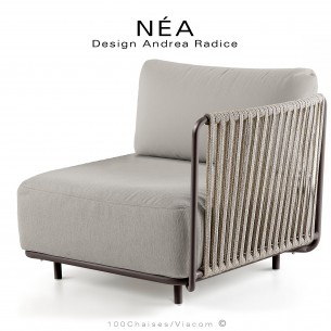 Fauteuil simple ou bout de banquette droit NÉA, structure peint bronze, assise habillage tissu crème, accoudoir corde beige.