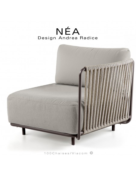 Fauteuil simple ou bout de banquette droit NÉA, structure peint bronze, assise habillage tissu crème, accoudoir corde beige.