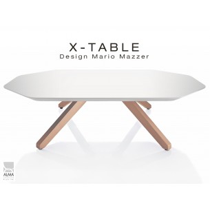 Table basse "X-TABLE " piètement Chêne pour salon, hall et salle d'attente, plateau laqué blanc.
