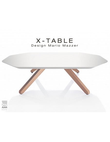 Table basse "X-TABLE " piètement Chêne pour salon, hall et salle d'attente, plateau laqué blanc.