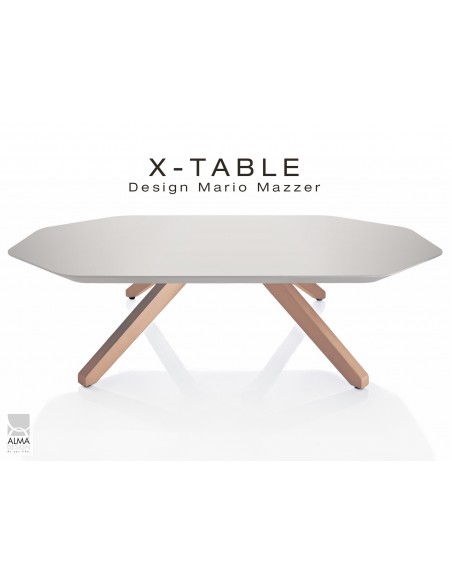 Table basse "X-TABLE " piètement Chêne pour salon, hall et salle d'attente, plateau laqué gris.